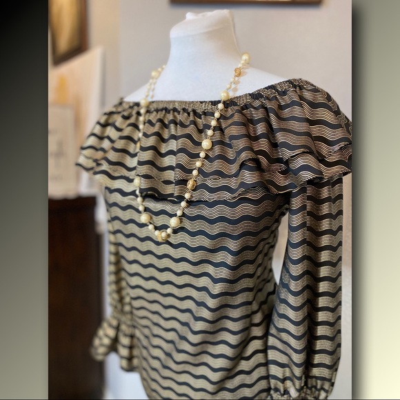 MICHAEL Michael Kors Tops - MICHAEL Michael Kors Swing Stripe Off the Shoulder Blouse Black & Gold
Size L